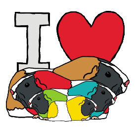 I Love Guinea Pigs features several guinea pigs in front of an I Love motif to create a fun design for guinea pig fans.
