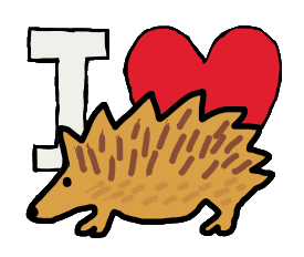 I Love Hedgehogs design shows a hedgehog stood in front of an I Love symbol. A fun graphic for hedgehog fans, friends and rescuers.
