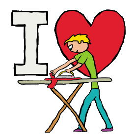 I Love Ironing design features a happy person using an iron on clothes with I Love motif in the background.  For anyone tasked with the ironing chore or who genuinely likes doing it!