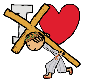I Love Jesus design shows Jesus carrying the Easter Cross in front of a large I Love symbol. A simple strong graphic of Love for Jesus and the Christian message.