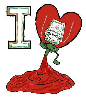 I Love Ketchup shows a tomato ketchup heart squeezing out some delicious sauce.  For fans of ketchup!