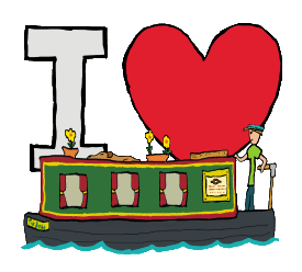  I Love Narrowboats features a hand drawn narrowboat piloted by an expert river canal boat navigator - in front of a large I Love symbol.