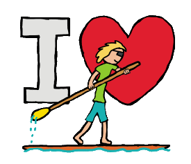 I Love Paddleboarding features a stand up paddleboard expert in front of a large I Love background. A fun graphic for paddleboard fans!