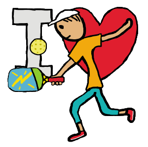I Love Pickleball design features expert player at full stretch with pickle ball and bat in front of an I Love heart symbol.
