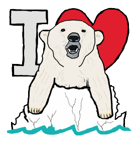 I Love Polar Bears shows a polar bear on an ice floe in front of an I Heart symbol. Designed for people who love polar bears and the planet.