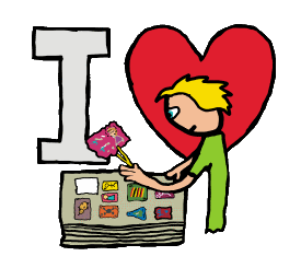 I Love Stamp Collecting is a fun graphic for philatelists featuring a keen stamp enthusiast examining a prize stamp from their collection, in front of a large I Love symbol.