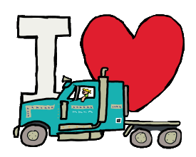 I Love Trucking design features truck driver and semi in front of an I Love symbol. A fun graphic for truck driving fans and followers.