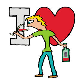 I Love Wine shows a wine buff sniffing a fine glass of vintage wine while holding the remains of the bottle in their other hand.  Standing in front of an I Love graphic, this is a fun illustration for wine fans and lovers.