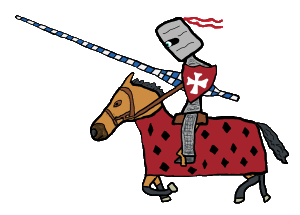 A medieval knight riding in a jousting tournament.  Wears helmet with ribbons, armor and carries a lance and shield.  The horse wears a coat.  A fun cartoon style image for modern day jousters and fans of chivalry and jousting.
