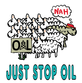 Just Stop Oil protest design shows sheep following the Oil sign while our protester heads the other way. With the words 