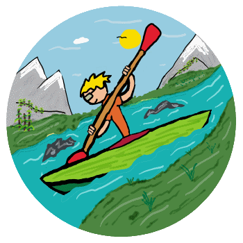 Kayak design features a cool kayaker holding paddle high as they navigate through fast water.  Kayak, helmet, paddle - a bright fun graphic for kayaking fans.