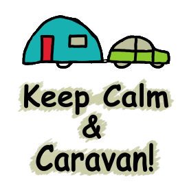 Keep Calm Caravan design features a caravan and car graphic with the words 