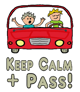 Keep Calm Driving Test shows a driving instructor and pupil taking test in funny car cartoon. The instructor is panicking but the new driver is calmly handling the car. A good luck, keep calm message for anyone looking to take their test.