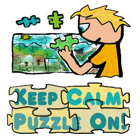 Keep Calm Jigsaw Puzzle design shows a puzzler with a piece which will fit somewhere into the puzzle on the table. Underneath are some jigsaw pieces making up the words 