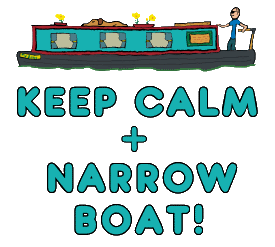 Keep Calm Narrowboat design features a hand-drawn narrowboat plus captain gliding serenely above a Keep Calm and Narrow Boat message - for narrowboat enthusiasts!