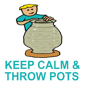 Fun Keep Calm Pottery design shows a potter at the wheel creating a clay pot with the words 