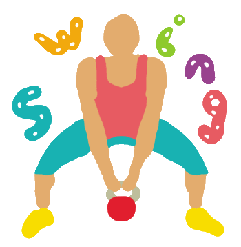 Kettlebell humour shows man with very long arms and heavy bells on the ground.