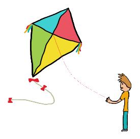 Kite flying on a windy day.  Kite with ribbon tail flies high in the air and down on the ground is a kite flier.  The joy of flying a kite in a simple illustration.