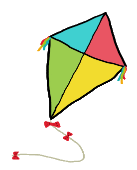 Kite design shows a hand drawn kite flying in the air with geometric colors, kite tail and ribbons. For kite flying fans.