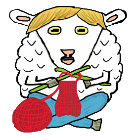 Knitting Sheep shows a contented ewe knitting from a roll of wool.  Holds knitting needles surprisingly well considering being a sheep and all.  For knitting fans.