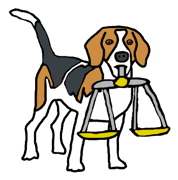 Legal Beagle shows a beagle holding the scales of justice. A fun legal pun design for law or beagle people, or both.