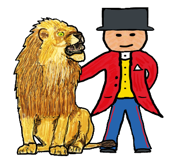 Lion Taming design shows a lion tamer and his circus lion together in a friendly graphic.