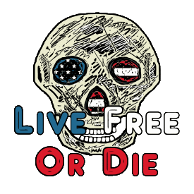 Live Free Or Die design shows a hand drawn skull with Stars and Stripes behind the eyes and nose sockets, with the words 