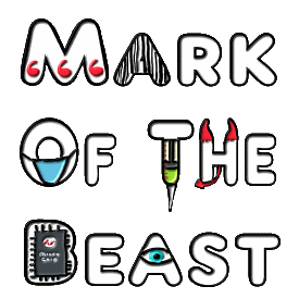 Mark Of The Beast design shows a number of ideas in a single graphic. The 666 in the M, a barcode in the A, facemask in the O, syringe in the T, horns and a tail in the H, microchip B and an illuminati eye in the last A. For fun, a warning or a fun conversation starter.