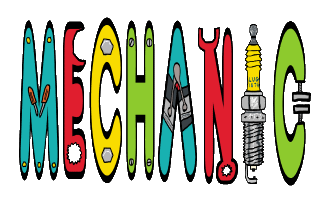 Mechanic design uses the word mechanic and fills it with various tools, screws and bolts including a V8 block, spark plug, vice and spanners. A fun graphic for mechanics and engineers.