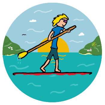 SUP Stand Up Paddleboard design shows a relaxed expert standing on a paddle board using a pole length paddle to propel it over the perfect blue water.  Paddleboarding with style!