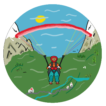 Fun Paragliding design shows a keen paraglider high in the air above the scenery below and behind.