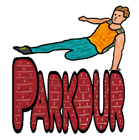 Parkour design shows parkour fan using hand to leap over the brickwork style Parkour word below. A fun image for freerunning and parkour fans.
