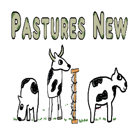 Pastures New cartoon shows a bull distracted by the cow in the next field.  For anyone thinking of moving on, planning a new move, etc.
