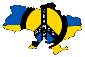 Peace Ukraine Flag Map uses the map outline of Ukraine with the flag colors as infill coupled with a Peace Symbol containing more Ukrainian colors and the words 