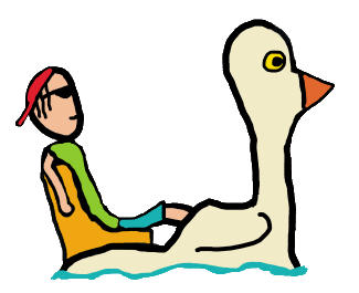 Pedalo design shows a relaxed tourist leaning back and enjoying the sun, waves and holiday experience in a plastic swan shaped paddle boat.