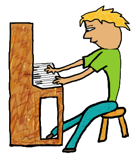 Piano Playing features a pianist at an upright piano. A fun graphic for recreational and concert pianists alike.