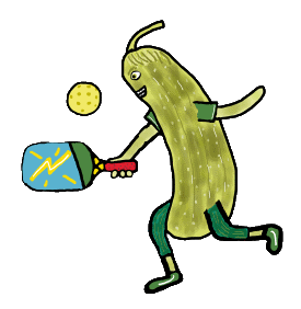 Pickleball Pickle shows a pickle playing pickleball.  Bat, ball and pickle make a funny design for pickleball fans.