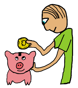 Putting a coin into a piggy bank. Fun drawing about this saving habit.