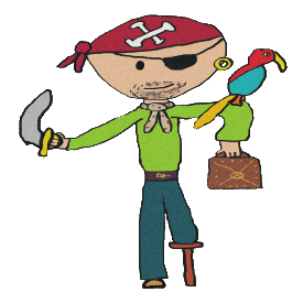 A pirate stood with all the visual clues - a parrot, treasure, cutlass, wooden leg, eye patch, crossbones, earring - fun design for pirate fans.
