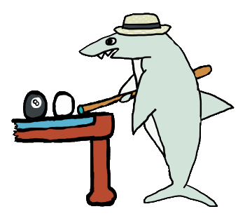 Pool Shark shows a shark playing pool.  A cool pun with good looking shark wearing hat and holding cue as he lines up the eight ball.