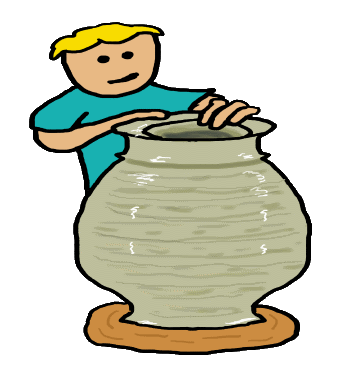 Pottery Making design shows a potter at a potter's wheel lovingly creating a new piece of ceramic art. Contains wheel base, large formed pot and potter with hands caressing and shaping the clay. Fun illustration for pottery makers and ceramic artists.