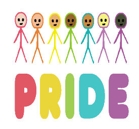 Pride design features a diverse collection of rainbow people with large 