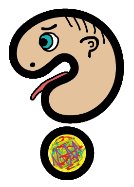 A fun question mark design features a questioning head balancing on a ball. Asks the question, pokes tongue out and waits for an answer.