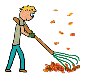 Design shows a gardener raking up Autumn leaves.  An annual garden job that comes each fall along with the beautiful colours of Autumn.  On a quiet day, gentle raking and the rapid tidying effect can be a pleasurable chore.  Affectionate cartoon style image of this seasonal garden activity.