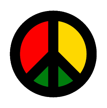 This cool design has Rasta colors in the shape of the CND Ban the Bomb symbol.  For peaceful people and Rasta enthusiasts - a combination of colors and imagery in an artistic and fun way.  Red, gold and green in the familiar CND shape - a nice way to share your own views on stuff.