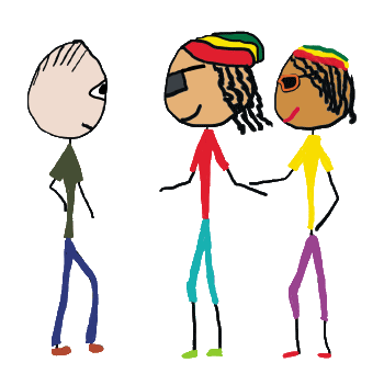Stickman straight guy meets colorful Rasta couple