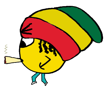 A Rasta Emoji wanders along, hand in pocket, wearing a massive Rasta hat.