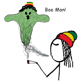 Rasta blows smoke and a Rasta ghost appears from out of the smoke