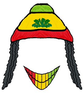 A humorous Rasta image showing a colorful hat, dreadlocks and a big Rasta smile.