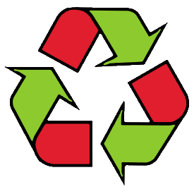 Recycling Symbol shows the recognised icon for recycling with red tails and green arrows - signifying the change from consumption and waste to green re usage.